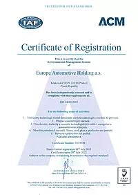Certifikát ISO 14001:2015